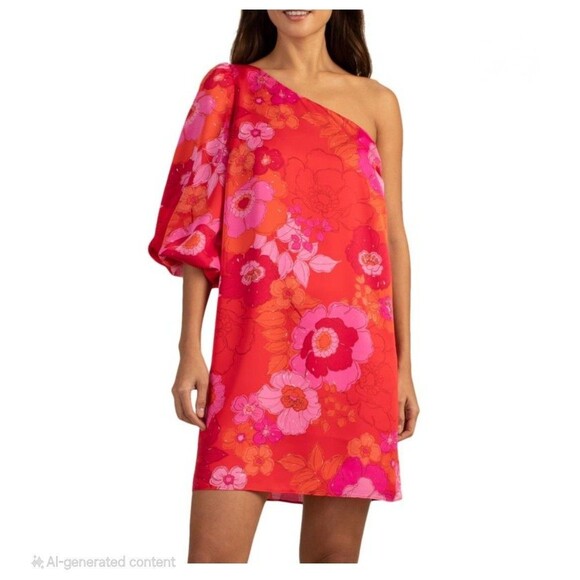 Trina Turk Dresses & Skirts - Trina Turk Admirable One Shoulder Floral Shift Mini Dress Sz 6 Womens Pink Red